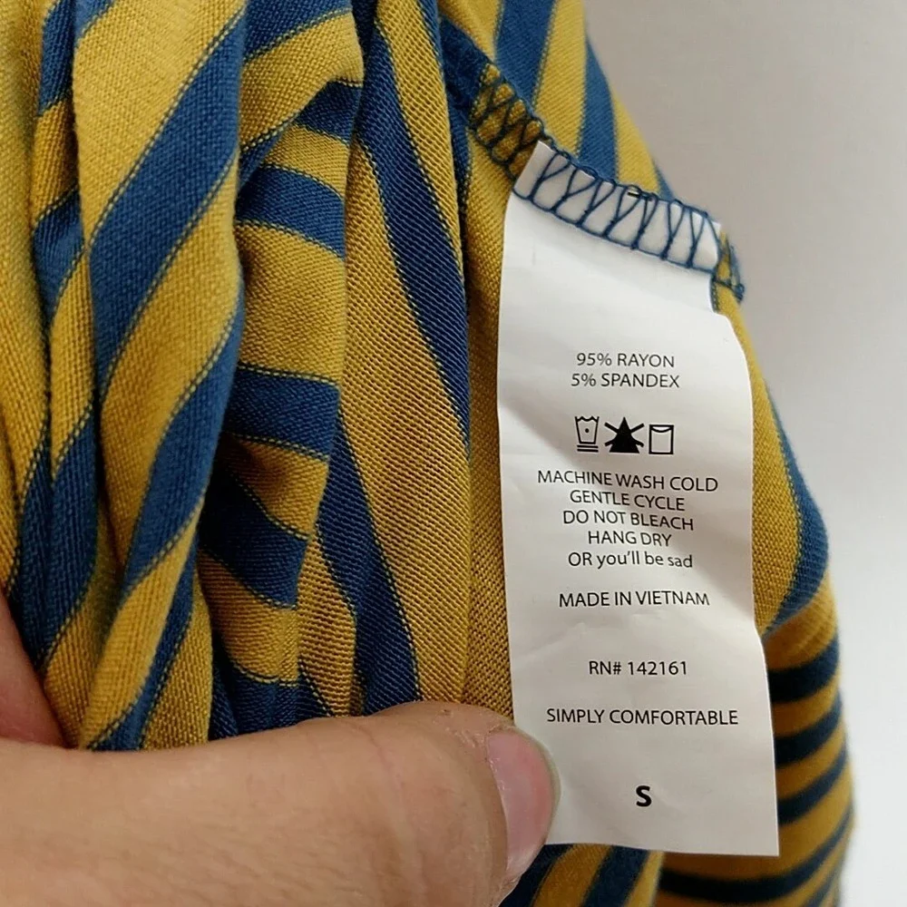 LuLaRoe Irma Tunic Top Womens Small Mustard Navy Blue Striped High Low Relaxed